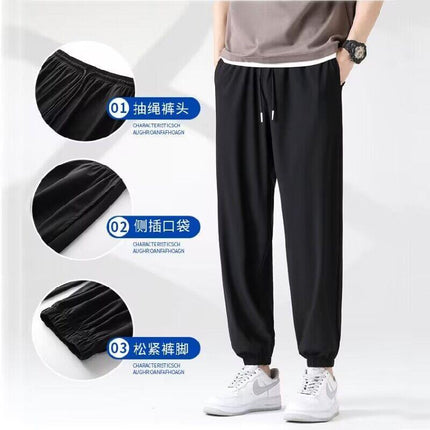 【Fast Shipping】Summer Casual Youth Ice Silk Pants Men's Long Pants Sports Pants Thin Large Size Loose Air Conditioning Pants