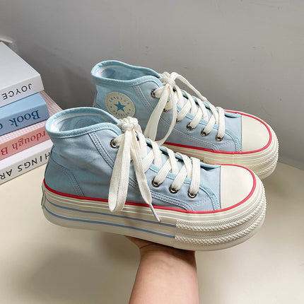 Summer Breathable High-top Canvas Shoes for Students Women's Thick-soled Elevated White Sneakers Lightweight Mango Big Head Casual Single-layer Shoes