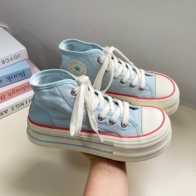 Summer Breathable High-top Canvas Shoes for Students Women's Thick-soled Elevated White Sneakers Lightweight Mango Big Head Casual Single-layer Shoes