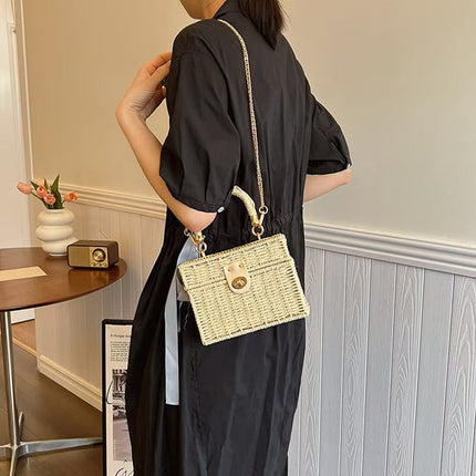 New High-End Straw Bag, Hand-Held Crossbody Bag, Women's Bag, Small Fragrant Woven Bag, Small Square Bag, Vacation Beach Bag for Women