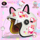 Children's 3c thickening + cat t2 / White half helmet + rocking cat + black and pink combination