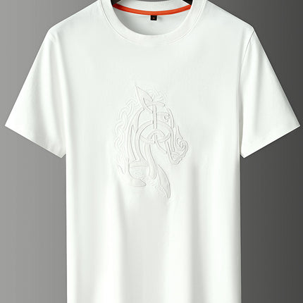 [Light Luxury and Classy] War Horse Leather Embroider Men's Short-Sleeved Summer Fashion Casual Versatile Round Neck T-Shirt Thin