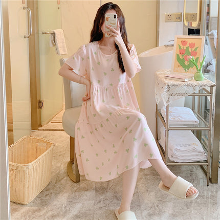 Cotton Silk Nightgown for Women, Summer Thin Short-Sleeved Printed Large Size Nightgown, Pregnant Women Can Wear It Outside, Cool Rayon Home Clothes