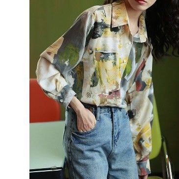 Top women's design sense niche light familiar shirt 2022 spring and autumn vintage printed green long sleeve mermaid Ji shirt fashion