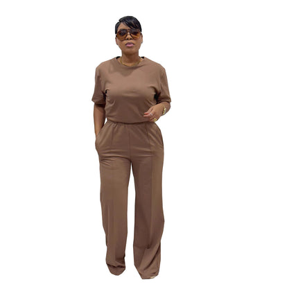 Tw658 Amazon Cross-Mirror European and American Fashion Casual Suit Elegant Commuter Short-Sleeved Top Wide-Leg Two-Piece Set
