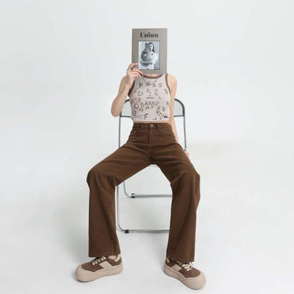 Summer Hemp Green Brown Wide-Leg Floor-Length Jeans Dad Soft High Street Straight Pants