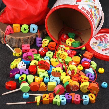 Cross-border Wooden Beads 100 Infant Wooden Rope-wearing Educational Mentation Training Building Blocks Toys for 1-6 Years Old Boys and Girls