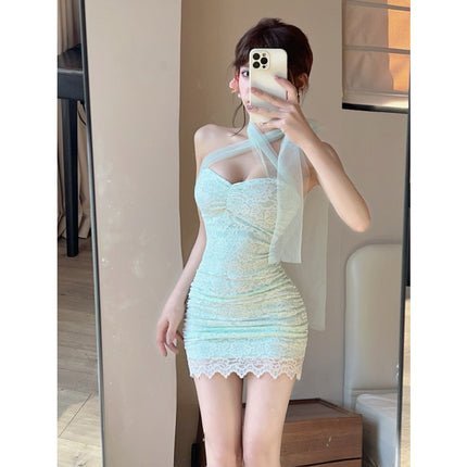 Real shot 8963 sexy sweet hot girl mesh stitching lace hanging neck dress night foot bath technician overalls women