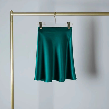 High-Quality Elastic Waist Triacetate Skirt for Women, Peacock Green, Elegant, Retro, Slimming and Drapedy Satin