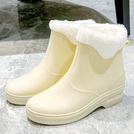 Cross-border New High Rain Shoes Women's Online Popular Fashion Water Boots Solid Color Waterproof Non-slip Warm Outer Wear fleece-lined Warm Boots