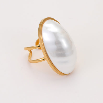 European and American Cross-Border Ins Niche Oval Egg-Shaped Pearl Ring Titanium Steel Ring Design Bow Open Ring