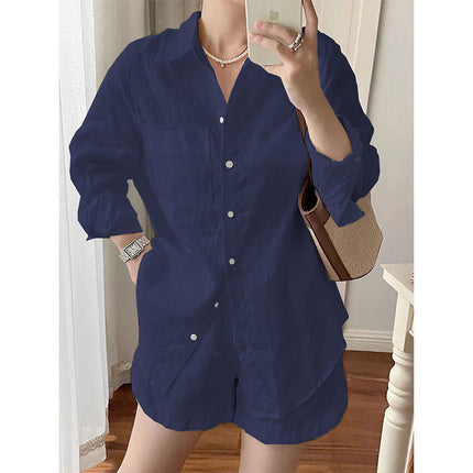 Single Piece/Complete Set Amazon Cross-Border New Set Cotton and Linen Shirt Shorts Casual Two-Piece Set Wholesale