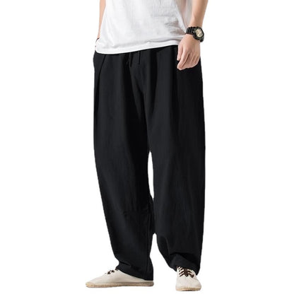 Pendant Wide-leg Pants Men's Loose Straight Linen Pants Chinese Style Spring and Summer Linen Bloomers for Fatty Men Cotton and Linen Casual Pants