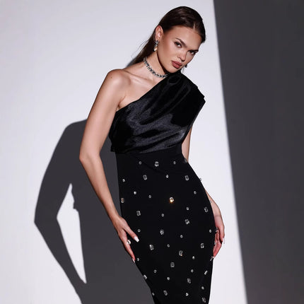 Cross-Border European and American 2025 Spring New Sexy Slanted Shoulder Hot Diamond Gauze Bandage Skirt Celebrity Dinner Dress Dress