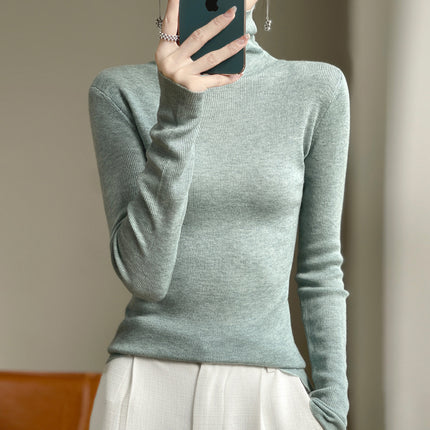 High collar autumn and winter Korean women's pile collar long sleeve knitted wool sweater women's inner pullover slim base shirt