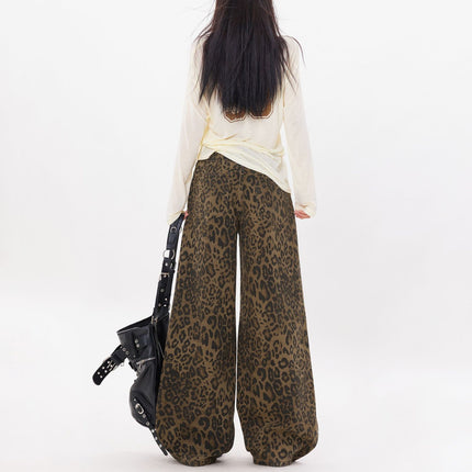 Street Style New High-Waisted Slimming Coffee Brown Leopard Print Pants 2025 Design Wide-Leg Jeans Trendy Women's Fashion