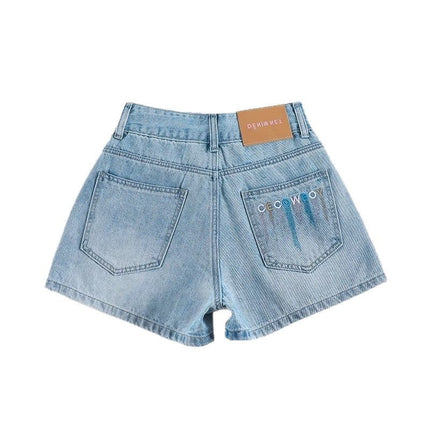 Contrast Color Embroidered Denim Shorts for Women, Trendy Versatile Loose Wide-Leg Slimming A-Line Double-Button High-Waisted Slim Hot Pants