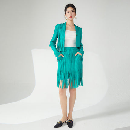 Miyake tassel fashion suit long sleeve coat short skirt women's spring wear a set of small two-piece fashion