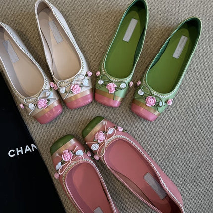 Cowhide version ~ 2025 spring new pastoral ins style Chinese niche flower fairy square head color matching age-reducing shoes