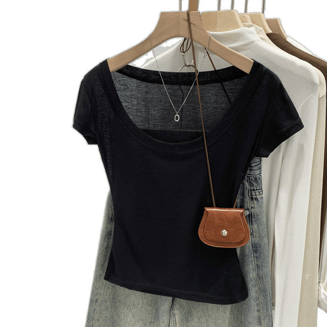 Summer Ootd Purple Light U-Neck Slim Short-Sleeved T-Shirt for Women 2025 Summer New Style Unique and Beautiful Age-Reducing Style