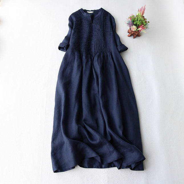 Cotton Linen dress Women's Small Vertical Collar Elegant Organ Pleated Seven-point Sleeve Loose Floating Elegant Solid Color Long Dress Summer New