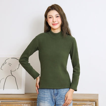 New Women's Base Layer Top for Autumn and Winter, Red Long-Sleeve Brushed Fleece Thickened Thermal Underwear Versatile High-Neck Top