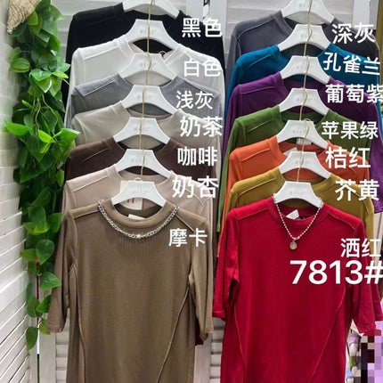 Fishbone Short-Sleeved T-Shirt for Women 2025 Spring New Design Sense of Design Slimming Look Elastic Mid-Sleeve Top T-Shirt