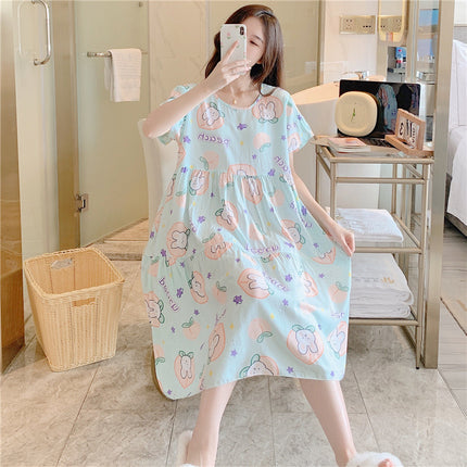 Cotton Silk Nightgown for Women, Summer Thin Short-Sleeved Printed Large Size Nightgown, Pregnant Women Can Wear It Outside, Cool Rayon Home Clothes