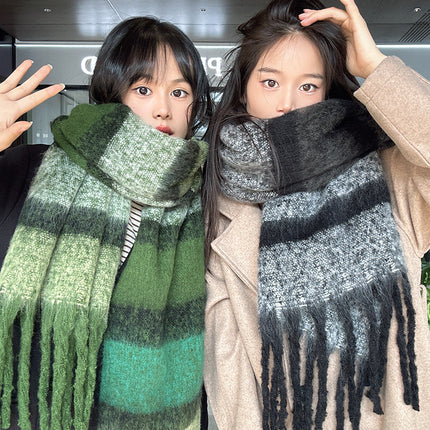 Unlimited Secret ~ dark blue light blue * striped thickened warm all-match scarf green autumn and winter couple plaid scarf