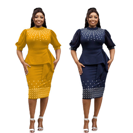 Cross-border supply of African women's waist bag hip fake two lantern sleeve sleeve dress hot drilling nail beads high-end