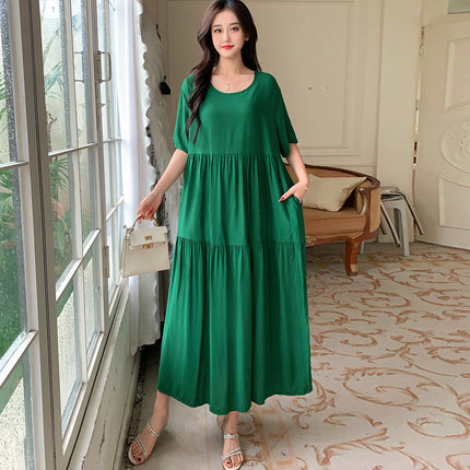 Solid Color Loose-Fitting Plus-Size Maternity Dress, Rayon Beach Dress, Short-Sleeved Long Skirt with a Large Hem