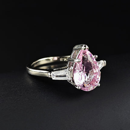Back-To-School Season New Simple Pink Water Drop Pear-Shaped Zircon Ring Female Banquet Wedding Classic F1559