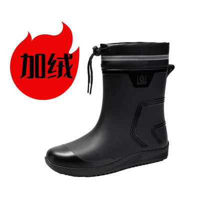Rain Boots Men's Mid-Calf Water Shoes Waterproof Mouth Drawstring Rubber Shoes Kitchen Takeaway Rider Overshoes Fleece-Lined Warm Rain Boots
