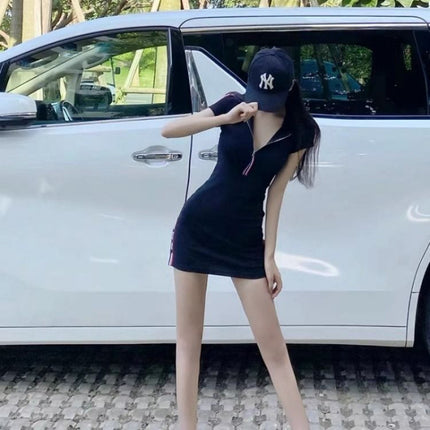 Hot Girls Summer New Sexy Figure Hooded Tight Low-cut V-neck Hip Short-sleeved dress Women