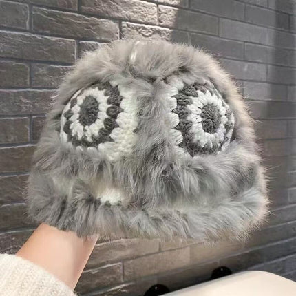 Autumn and Winter New Real Rex Rabbit Fur Knitted Hat All-match Tiger Head Lion Hats Warm Furry Face Show Girl
