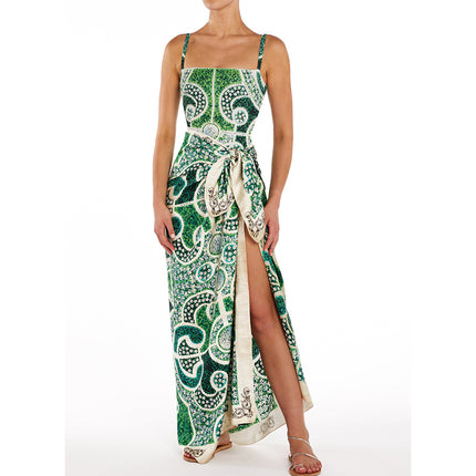 2025 European and American New Style Printed Tassel One-Piece Swimsuit Wrap Skirt Suit Women's Cross-Border Hot Style