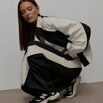Aliexpress Cross-Border New Casual Women's Fashion Color-Blocking Drawstring Sports Jacket and Pants Set European and American Two-Piece Set