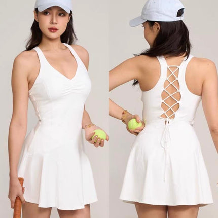 Cross-Border Lulu Tennis Skirt Suit for Women with Chest Pad and Back Cut Out Outdoor Badminton Wear Yoga Sports Dress