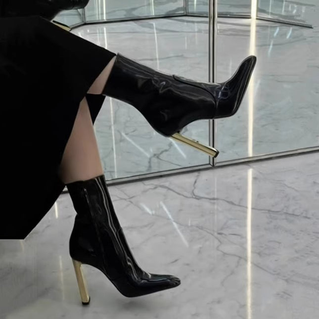 Nazha's Same Style Patent Leather High-Heeled Short Boots for Women 2025 New Autumn and Winter Side Zipper Square Toe Chunky Heel Black Fleece Boots