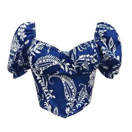 Cross-border Hot New French Vintage Printed Square Collar Bubble Sleeve Sexy Design Short Vest Top