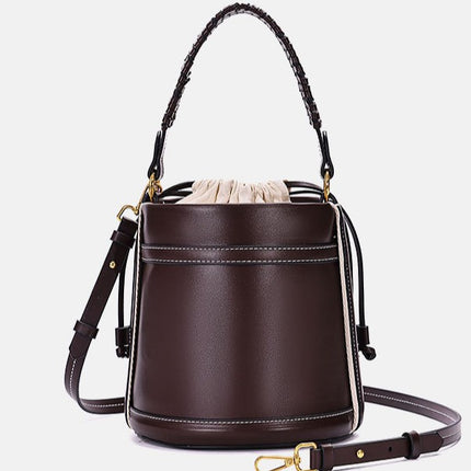 Za Cross-Border Women's Bag, Brown Double-Handle Cylindrical Handbag, Crossbody Bucket Bag, Cylindrical Shoulder Bag with Contrasting Color Design
