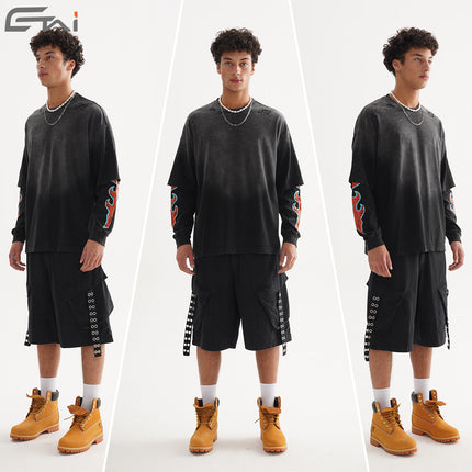 Spring and Autumn Men's Fake Two-Piece Pattern Printed Long-Sleeved Washed and Distressed Fashion Retro American Casual Heavy Top Inner Wear