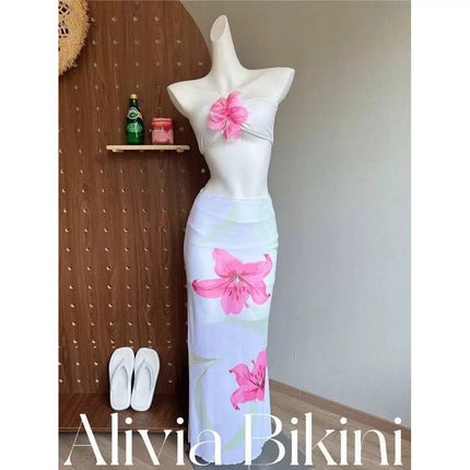 Island Vacation Beach Dress Two-Piece Strapless Bikini Sexy Hot Girl Small Bust Instagram Style Hot Spring Swimsuit