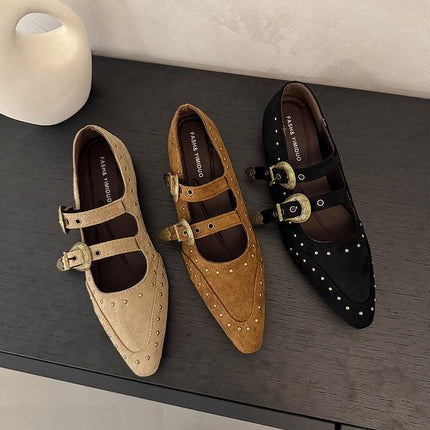 Retro Fashion Pointed Toe Brown Shoes for Women 2025 Autum New Versatile Rivet Flats Shallow Mouth Mary Jane Shoes