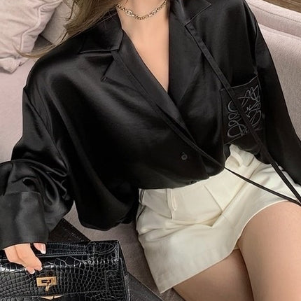 Spring and Summer Lo*We Acetate Shirt Women's High-End Satin Gloss 18,000 Needle Embroider Shirt Cardigan
