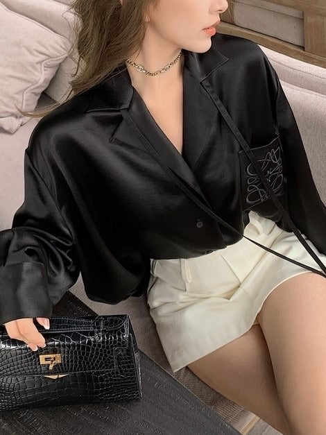 Spring and Summer Lo*We Acetate Shirt Women's High-End Satin Gloss 18,000 Needle Embroider Shirt Cardigan