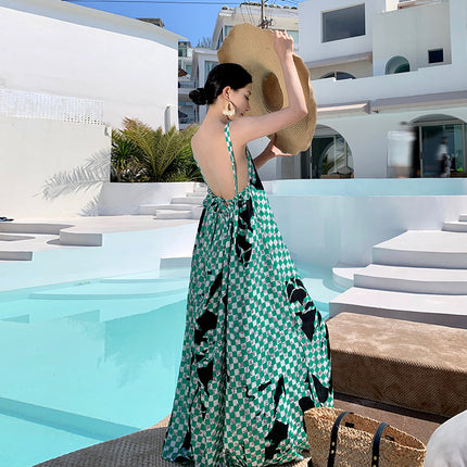 Real Shot Green Checkerboard Dress Women's Artistic Asymmetrical Neck Backless Vacation Strap Long Dress