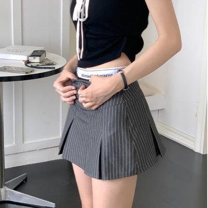 2025 New Vertical Stripesd Black Pleated Skirt for Women Summer High Waist Slimming Look A-Line Skirt Short Skirt for Small People