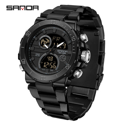 Sanda foreign trade best selling electronic watch fashion business steel band luminous wrist watch multi-functional dual display men's watch wholesale