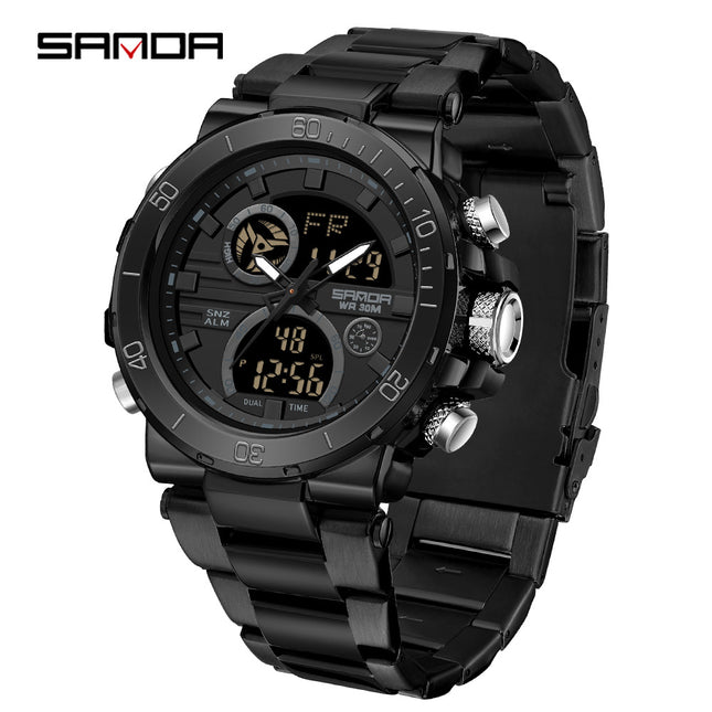 Sanda foreign trade best selling electronic watch fashion business steel band luminous wrist watch multi-functional dual display men's watch wholesale